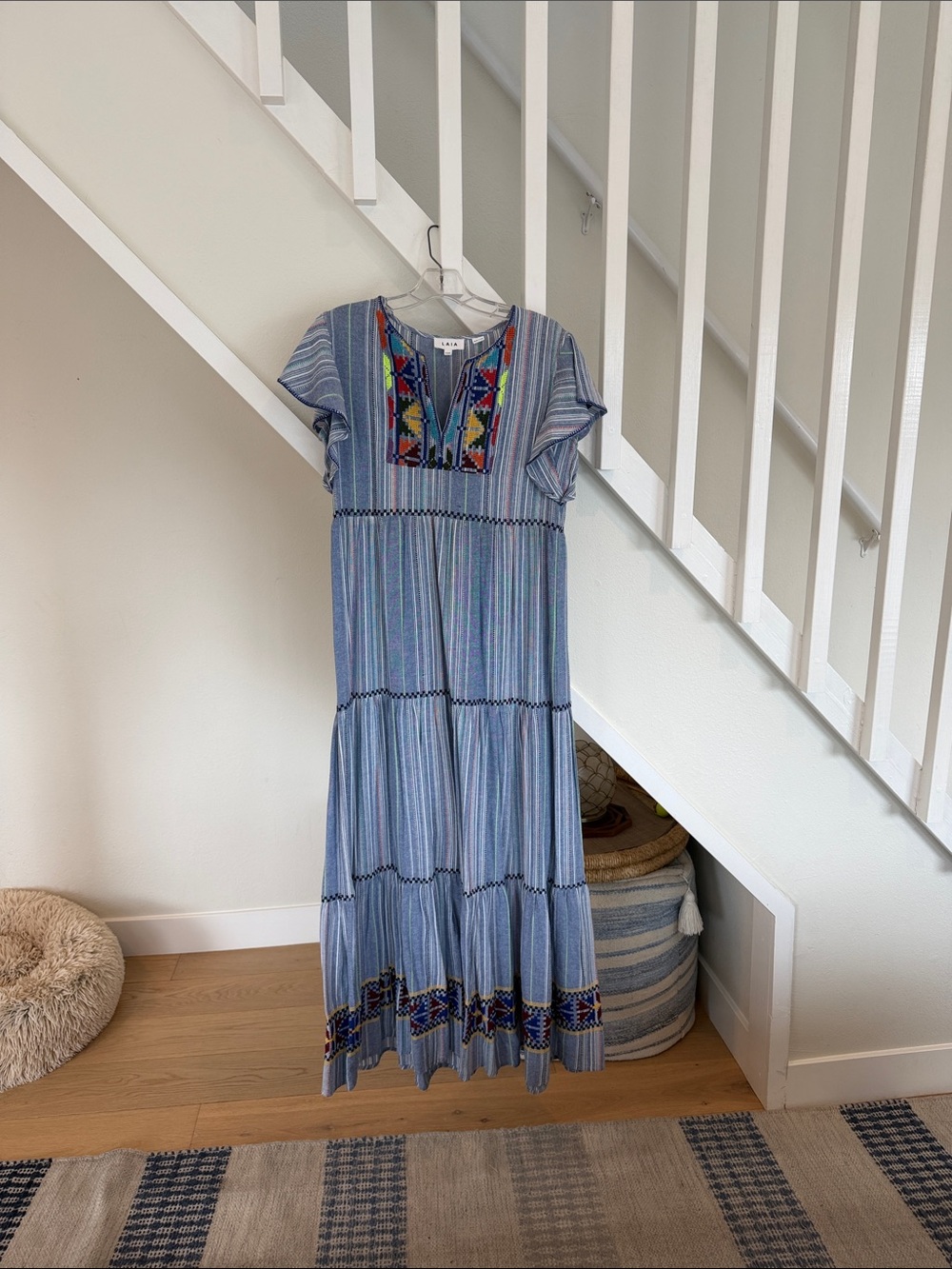 Anthropologie Light Blue Striped Embroidered Maxi Dress